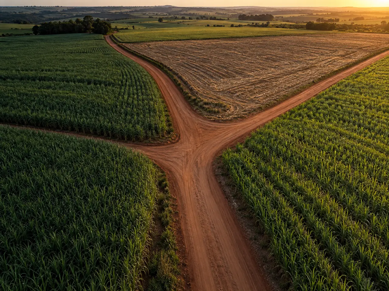 Estrada de terra que se divide entre talhões de cana, vista de cima